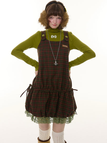 American Retro Design Plaid Lace Hem Vest Dress【s0000014776】