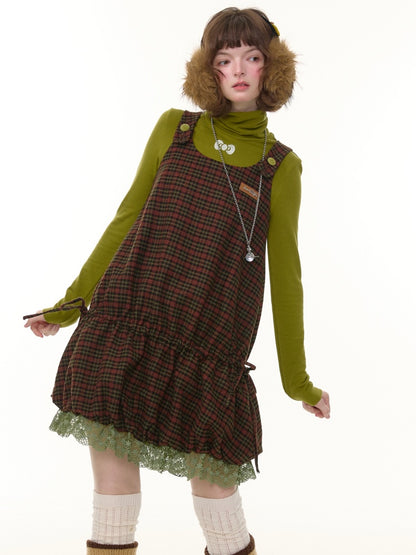 American Retro Design Plaid Lace Hem Vest Dress【s0000014776】