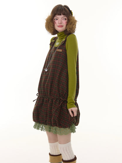 American Retro Design Plaid Lace Hem Vest Dress【s0000014776】