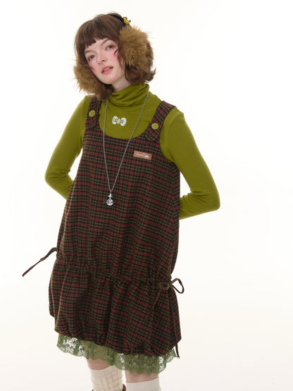 American Retro Design Plaid Lace Hem Vest Dress【s0000014776】