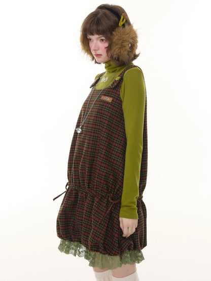 American Retro Design Plaid Lace Hem Vest Dress【s0000014776】