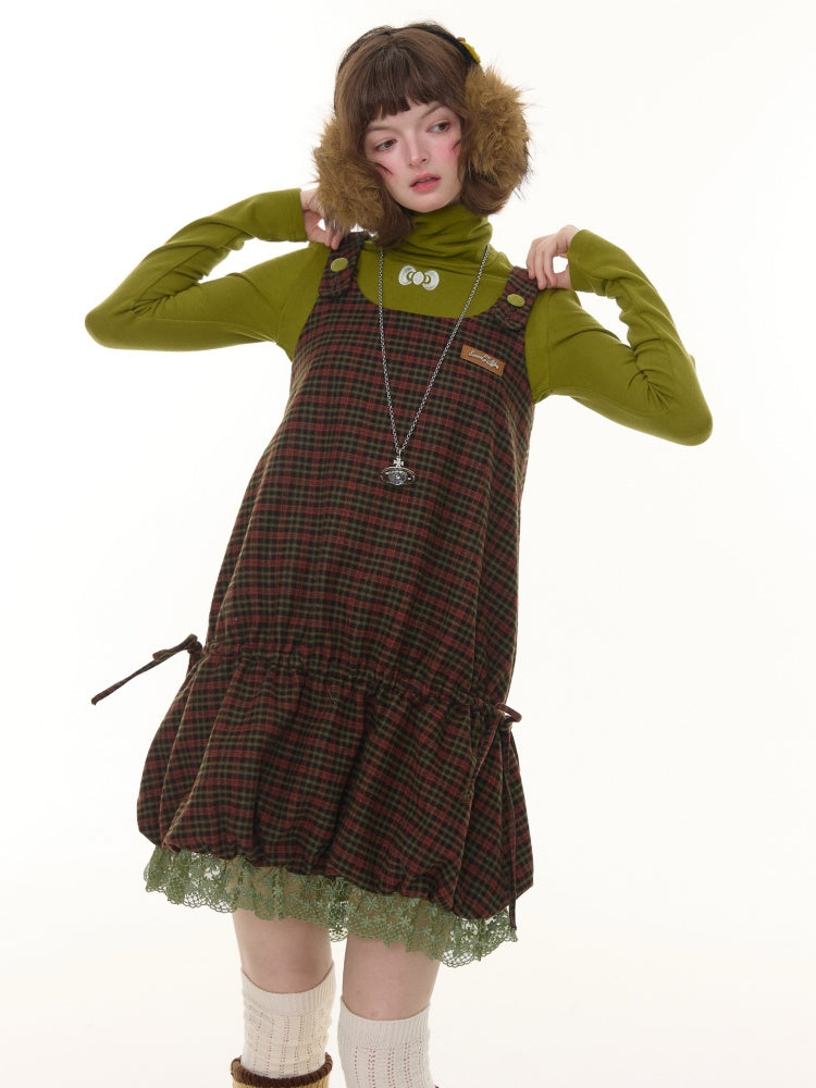 American Retro Design Plaid Lace Hem Vest Dress【s0000014776】