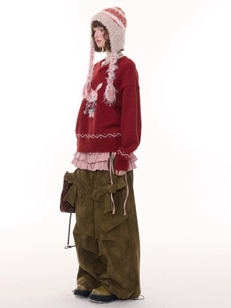 American Retro Design Bow High Waist Slimming Casual Trousers【s0000014777】