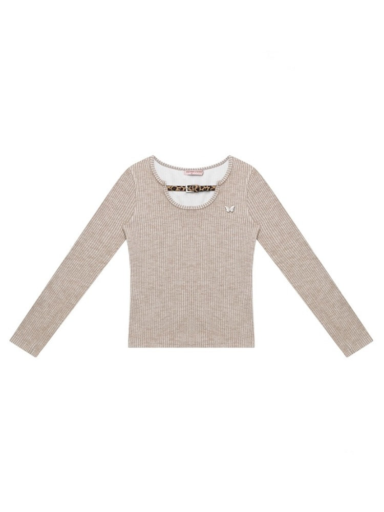 American Design Sense Slim Top Leopard Print Buckle Neck Long Sleeve T-Shirt Knitted Base Shirt【s0000014779】