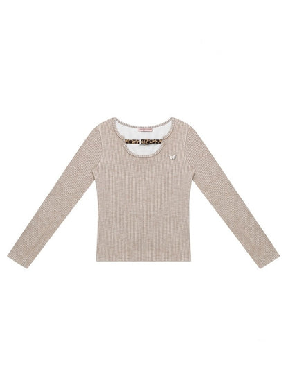American Design Sense Slim Top Leopard Print Buckle Neck Long Sleeve T-Shirt Knitted Base Shirt【s0000014779】