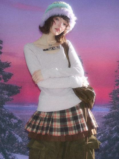 American Design Sense Slim Top Leopard Print Buckle Neck Long Sleeve T-Shirt Knitted Base Shirt【s0000014779】