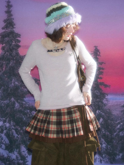 American Design Sense Slim Top Leopard Print Buckle Neck Long Sleeve T-Shirt Knitted Base Shirt【s0000014779】