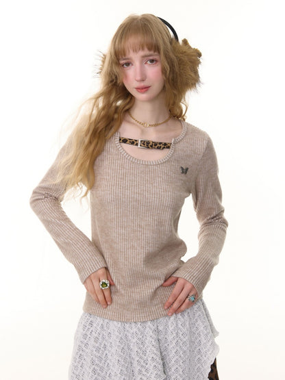 American Design Sense Slim Top Leopard Print Buckle Neck Long Sleeve T-Shirt Knitted Base Shirt【s0000014779】
