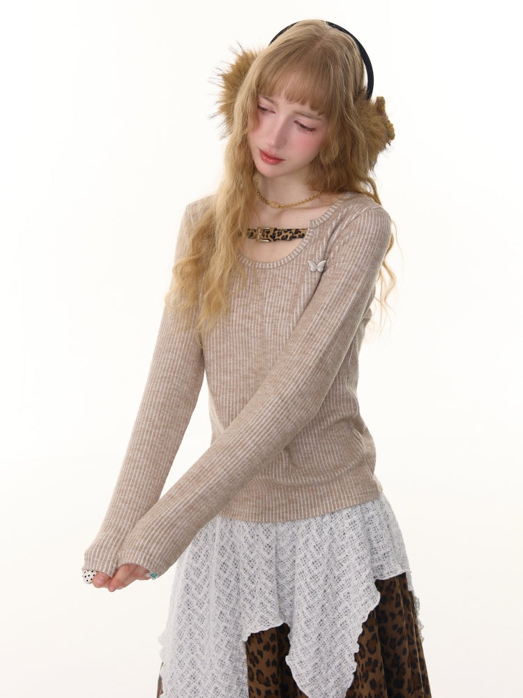 American Design Sense Slim Top Leopard Print Buckle Neck Long Sleeve T-Shirt Knitted Base Shirt【s0000014779】