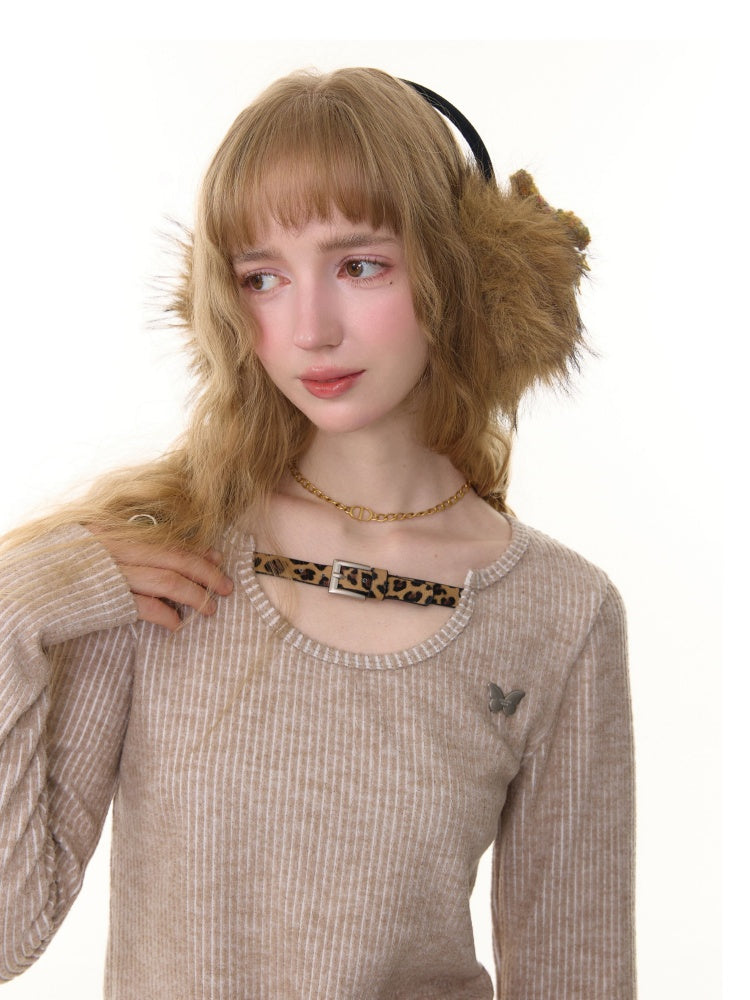 American Design Sense Slim Top Leopard Print Buckle Neck Long Sleeve T-Shirt Knitted Base Shirt【s0000014779】