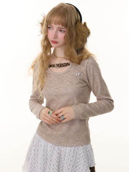 American Design Sense Slim Top Leopard Print Buckle Neck Long Sleeve T-Shirt Knitted Base Shirt【s0000014779】