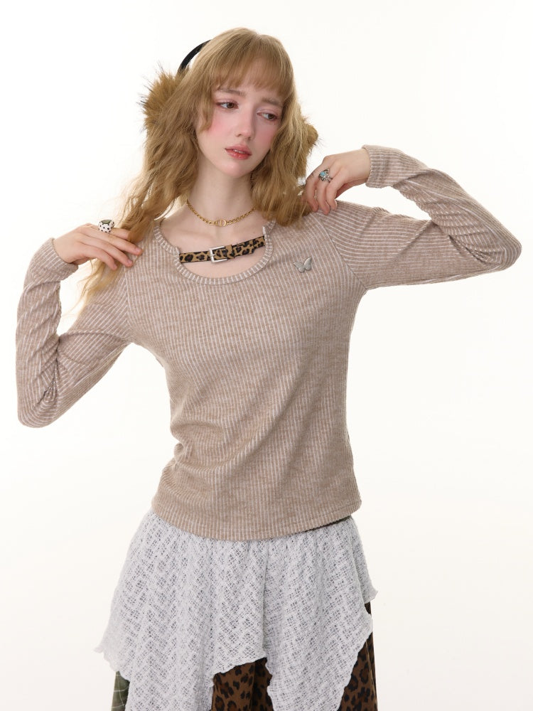 American Design Sense Slim Top Leopard Print Buckle Neck Long Sleeve T-Shirt Knitted Base Shirt【s0000014779】