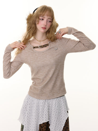 American Design Sense Slim Top Leopard Print Buckle Neck Long Sleeve T-Shirt Knitted Base Shirt【s0000014779】