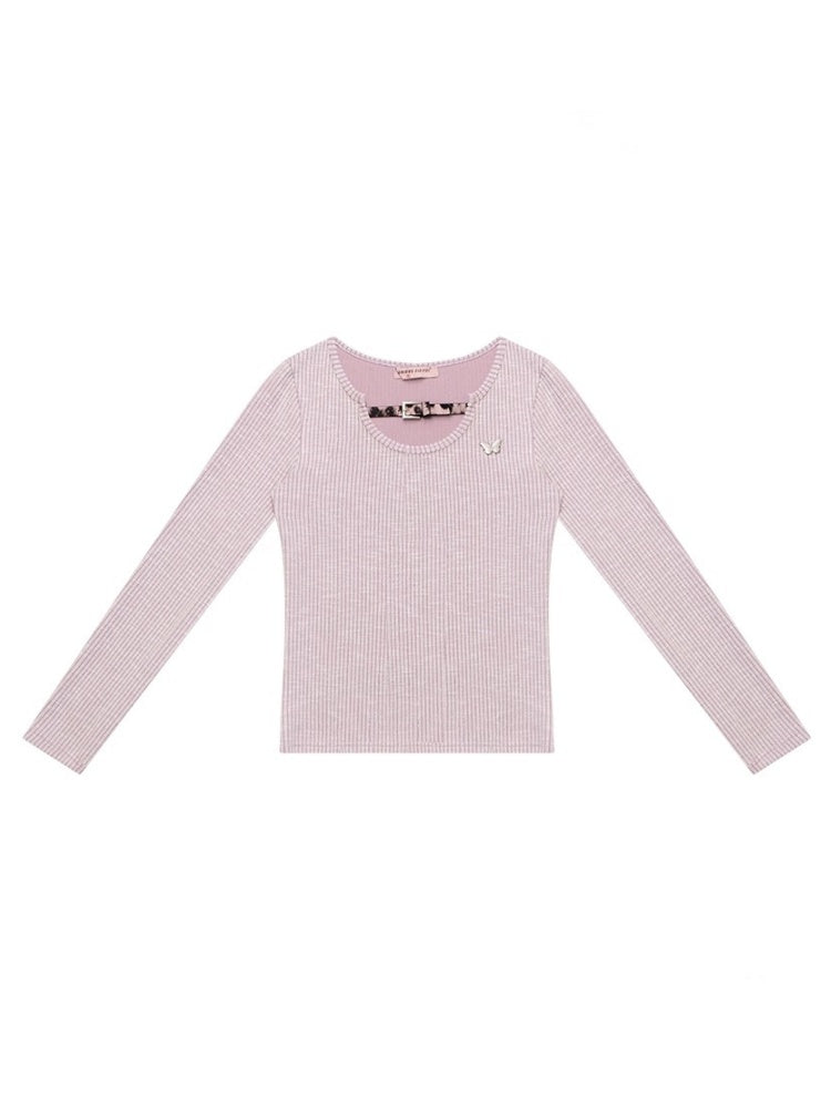 American Design Sense Slim Top Leopard Print Buckle Neck Long Sleeve T-Shirt Knitted Base Shirt【s0000014779】