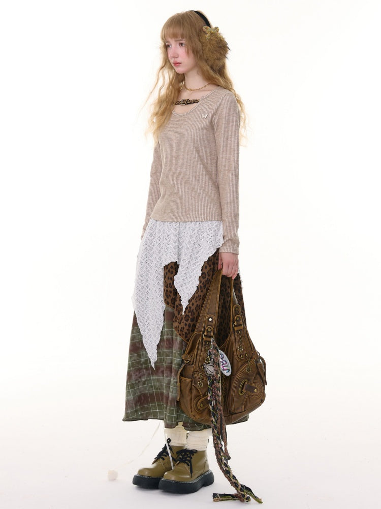 American Design Sense Slim Top Leopard Print Buckle Neck Long Sleeve T-Shirt Knitted Base Shirt【s0000014779】