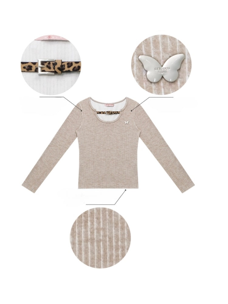 American Design Sense Slim Top Leopard Print Buckle Neck Long Sleeve T-Shirt Knitted Base Shirt【s0000014779】