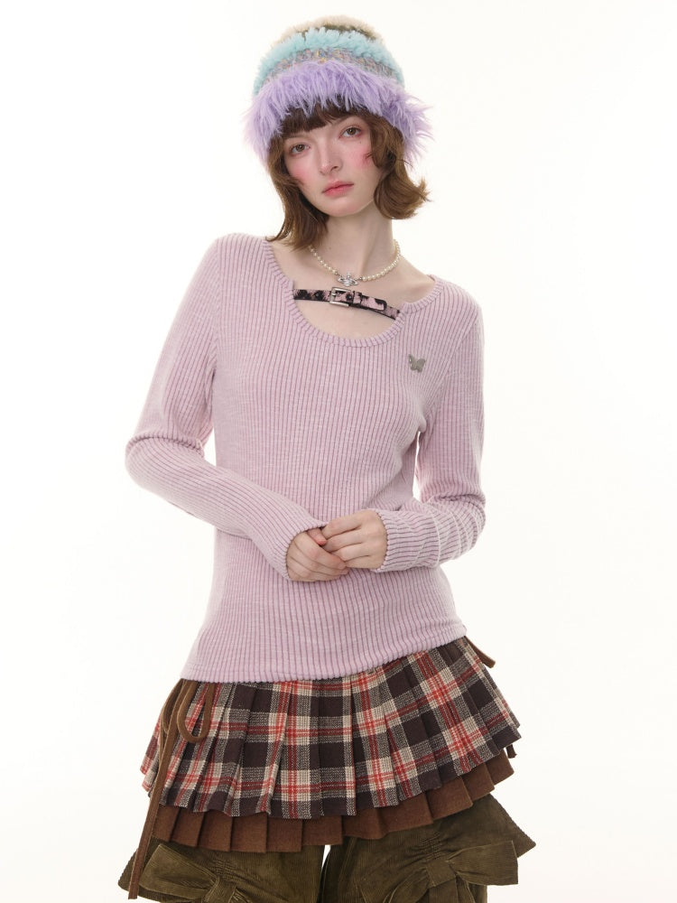 American Design Sense Slim Top Leopard Print Buckle Neck Long Sleeve T-Shirt Knitted Base Shirt【s0000014779】