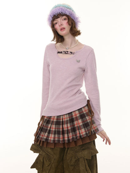 American Design Sense Slim Top Leopard Print Buckle Neck Long Sleeve T-Shirt Knitted Base Shirt【s0000014779】