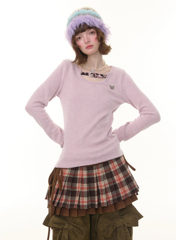 American Design Sense Slim Top Leopard Print Buckle Neck Long Sleeve T-Shirt Knitted Base Shirt【s0000014779】