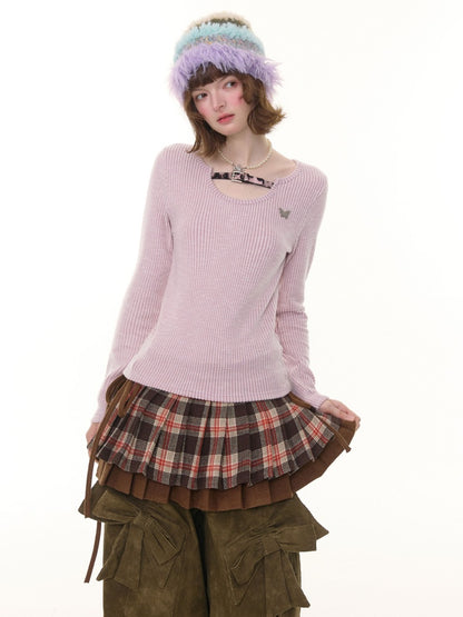 American Design Sense Slim Top Leopard Print Buckle Neck Long Sleeve T-Shirt Knitted Base Shirt【s0000014779】