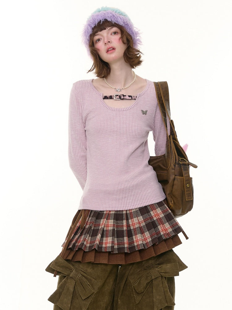 American Design Sense Slim Top Leopard Print Buckle Neck Long Sleeve T-Shirt Knitted Base Shirt【s0000014779】