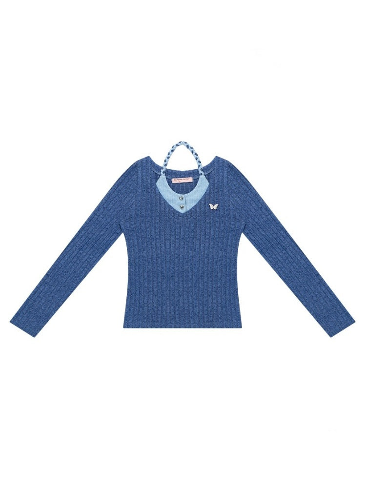 American Design Sense Slimming Top Twist Halter Neck Long Sleeve T-Shirt Knitted Base Shirt【s0000014780】