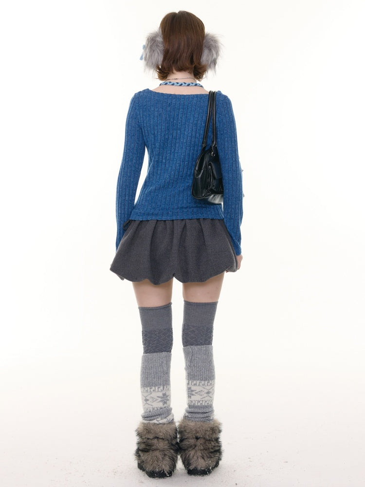 American Design Sense Slimming Top Twist Halter Neck Long Sleeve T-Shirt Knitted Base Shirt【s0000014780】