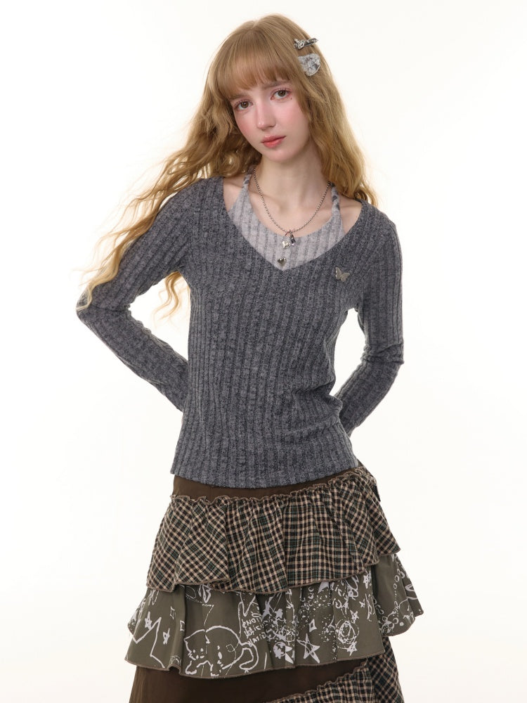 American Design Sense Slimming Top Twist Halter Neck Long Sleeve T-Shirt Knitted Base Shirt【s0000014780】
