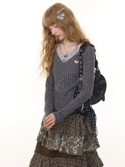 American Design Sense Slimming Top Twist Halter Neck Long Sleeve T-Shirt Knitted Base Shirt【s0000014780】
