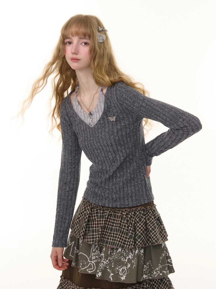 American Design Sense Slimming Top Twist Halter Neck Long Sleeve T-Shirt Knitted Base Shirt【s0000014780】
