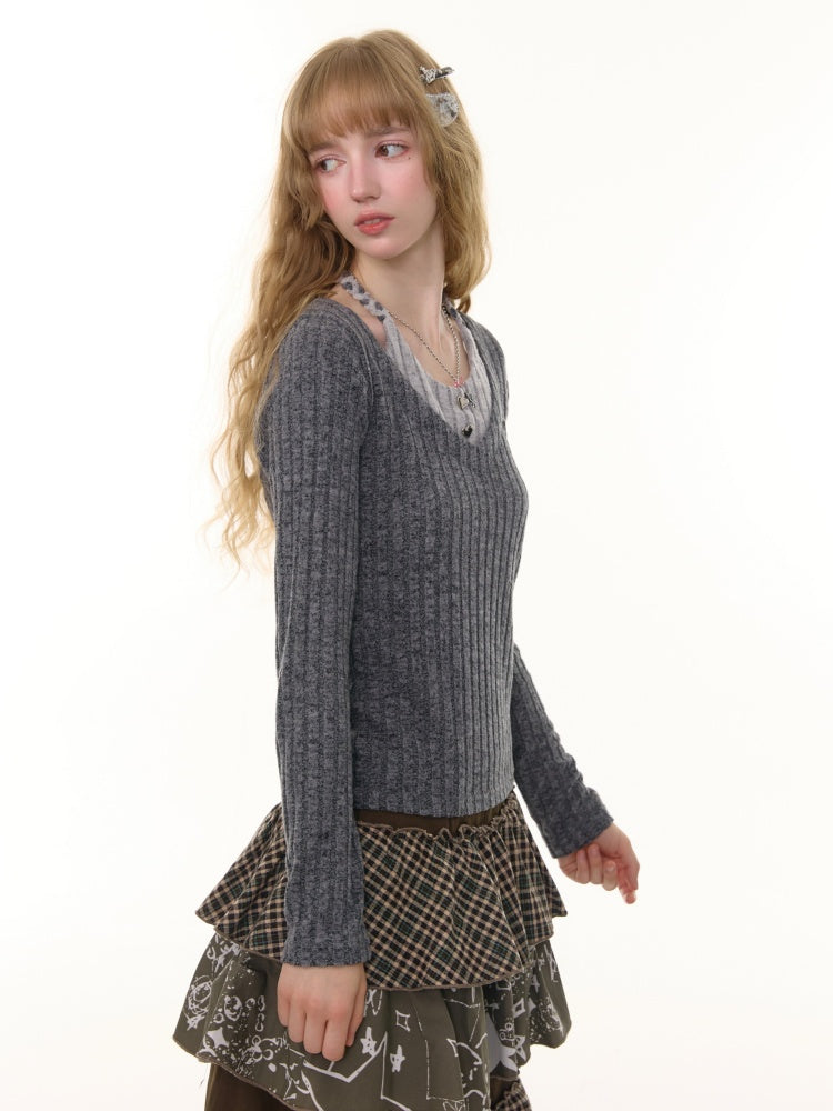 American Design Sense Slimming Top Twist Halter Neck Long Sleeve T-Shirt Knitted Base Shirt【s0000014780】