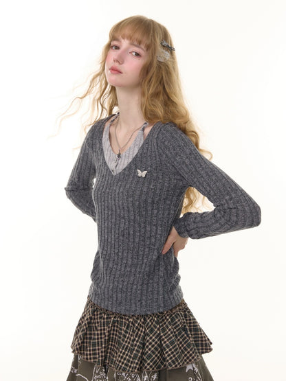 American Design Sense Slimming Top Twist Halter Neck Long Sleeve T-Shirt Knitted Base Shirt【s0000014780】