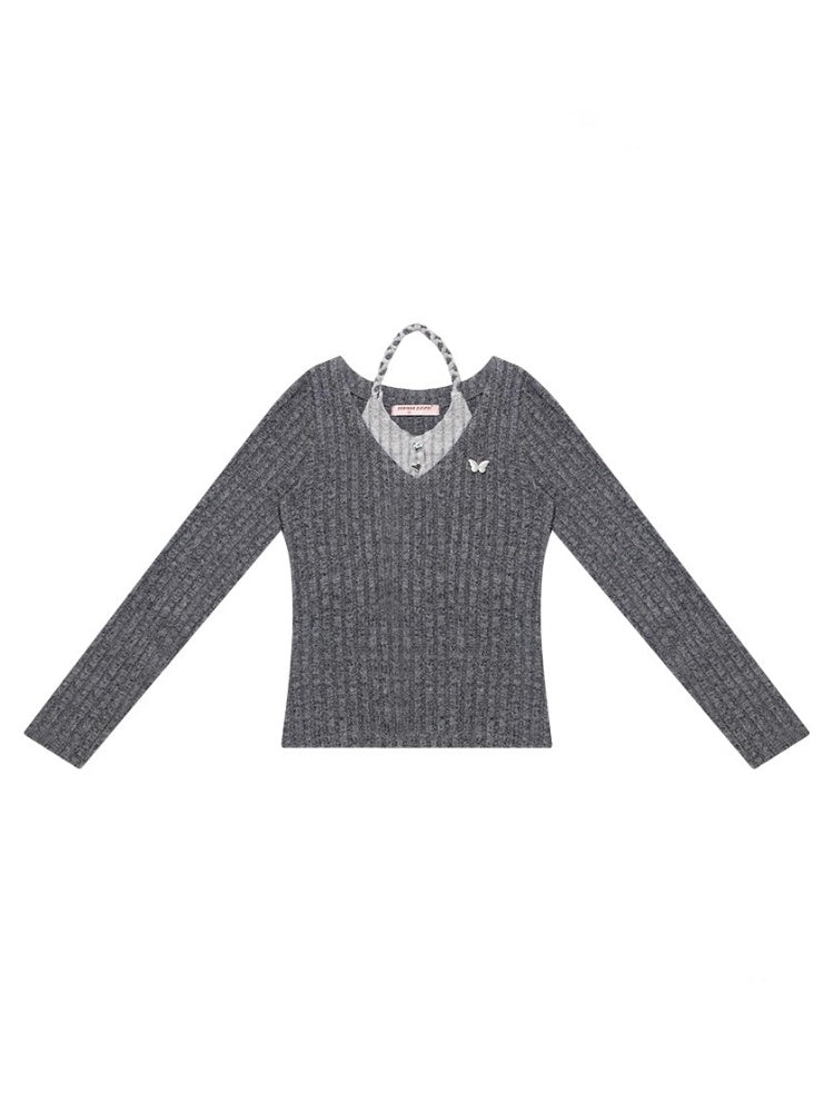 American Design Sense Slimming Top Twist Halter Neck Long Sleeve T-Shirt Knitted Base Shirt【s0000014780】