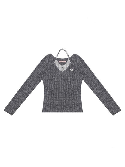 American Design Sense Slimming Top Twist Halter Neck Long Sleeve T-Shirt Knitted Base Shirt【s0000014780】