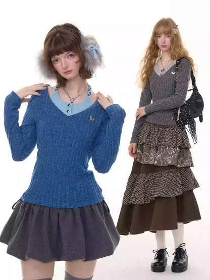 American Design Sense Slimming Top Twist Halter Neck Long Sleeve T-Shirt Knitted Base Shirt【s0000014780】