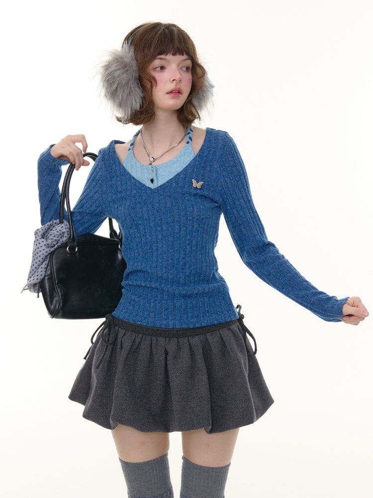 American Design Sense Slimming Top Twist Halter Neck Long Sleeve T-Shirt Knitted Base Shirt【s0000014780】