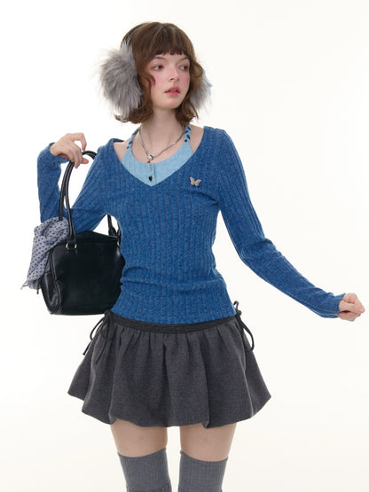 American Design Sense Slimming Top Twist Halter Neck Long Sleeve T-Shirt Knitted Base Shirt【s0000014780】