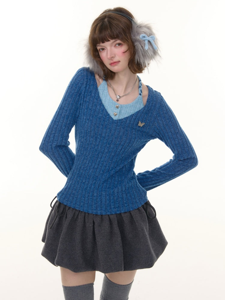 American Design Sense Slimming Top Twist Halter Neck Long Sleeve T-Shirt Knitted Base Shirt【s0000014780】