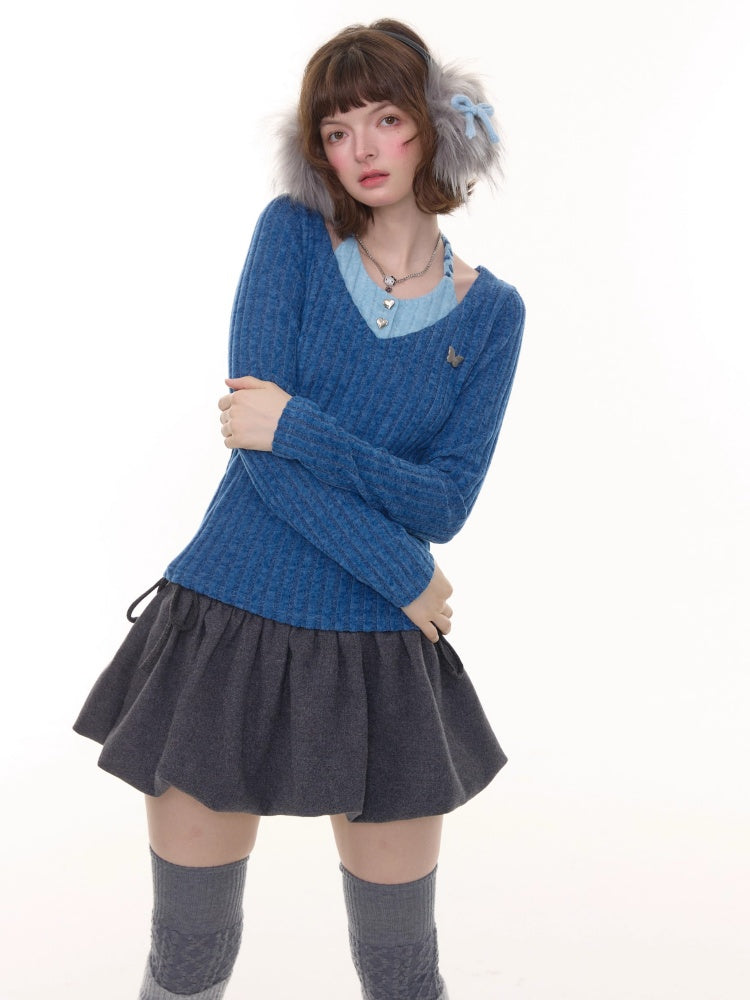 American Design Sense Slimming Top Twist Halter Neck Long Sleeve T-Shirt Knitted Base Shirt【s0000014780】