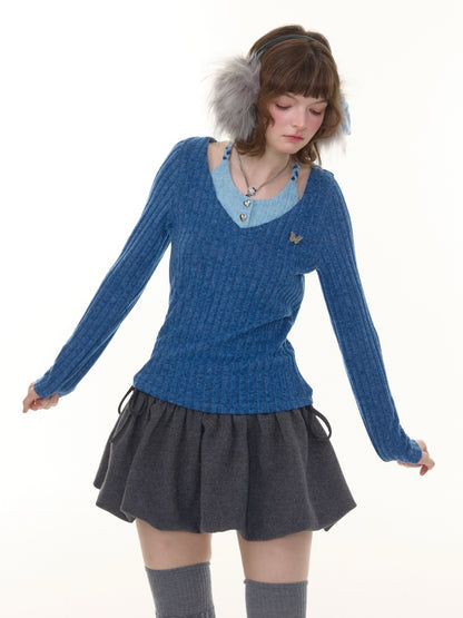 American Design Sense Slimming Top Twist Halter Neck Long Sleeve T-Shirt Knitted Base Shirt【s0000014780】