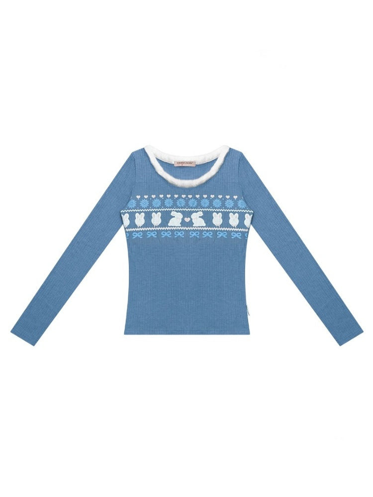 American Slim Show Skinny Fur Neckline Long Sleeve T-Shirt Rabbit Print Knitted Base Shirt【s0000014781】