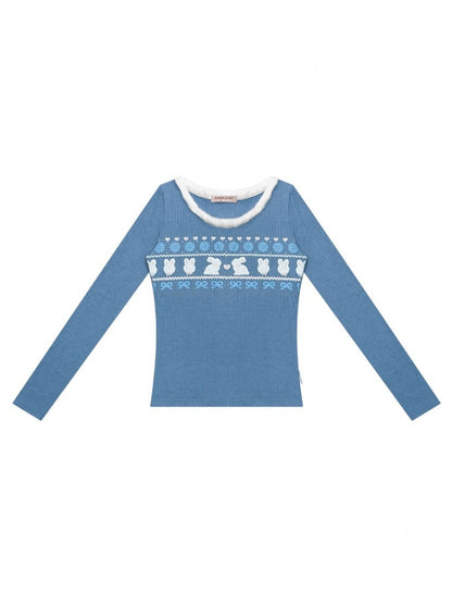 American Slim Show Skinny Fur Neckline Long Sleeve T-Shirt Rabbit Print Knitted Base Shirt【s0000014781】