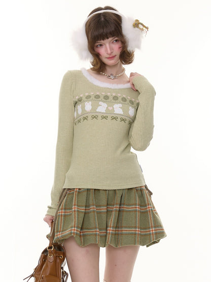 American Slim Show Skinny Fur Neckline Long Sleeve T-Shirt Rabbit Print Knitted Base Shirt【s0000014781】