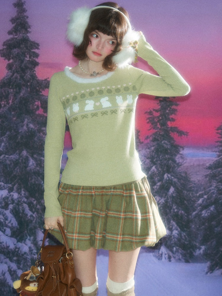 American Slim Show Skinny Fur Neckline Long Sleeve T-Shirt Rabbit Print Knitted Base Shirt【s0000014781】