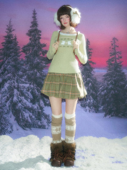 American Slim Show Skinny Fur Neckline Long Sleeve T-Shirt Rabbit Print Knitted Base Shirt【s0000014781】