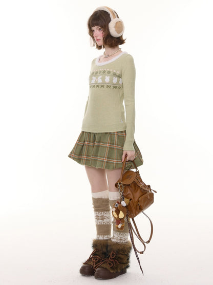 American Slim Show Skinny Fur Neckline Long Sleeve T-Shirt Rabbit Print Knitted Base Shirt【s0000014781】