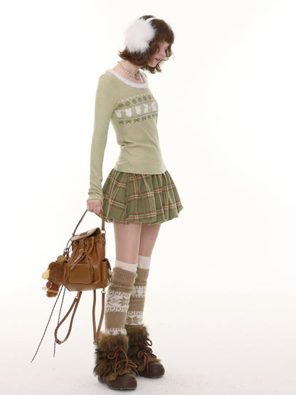 American Slim Show Skinny Fur Neckline Long Sleeve T-Shirt Rabbit Print Knitted Base Shirt【s0000014781】