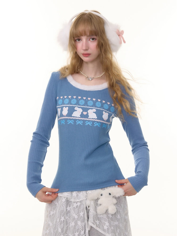 American Slim Show Skinny Fur Neckline Long Sleeve T-Shirt Rabbit Print Knitted Base Shirt【s0000014781】