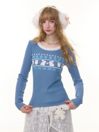 American Slim Show Skinny Fur Neckline Long Sleeve T-Shirt Rabbit Print Knitted Base Shirt【s0000014781】
