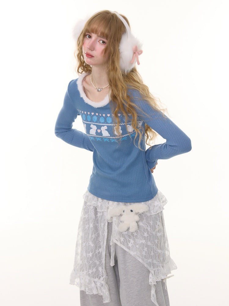 American Slim Show Skinny Fur Neckline Long Sleeve T-Shirt Rabbit Print Knitted Base Shirt【s0000014781】